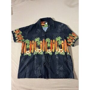 Hawaiian Reserve‎ Collection Mens 2XL Black Surfboard Palm Tree Aloha Shirt